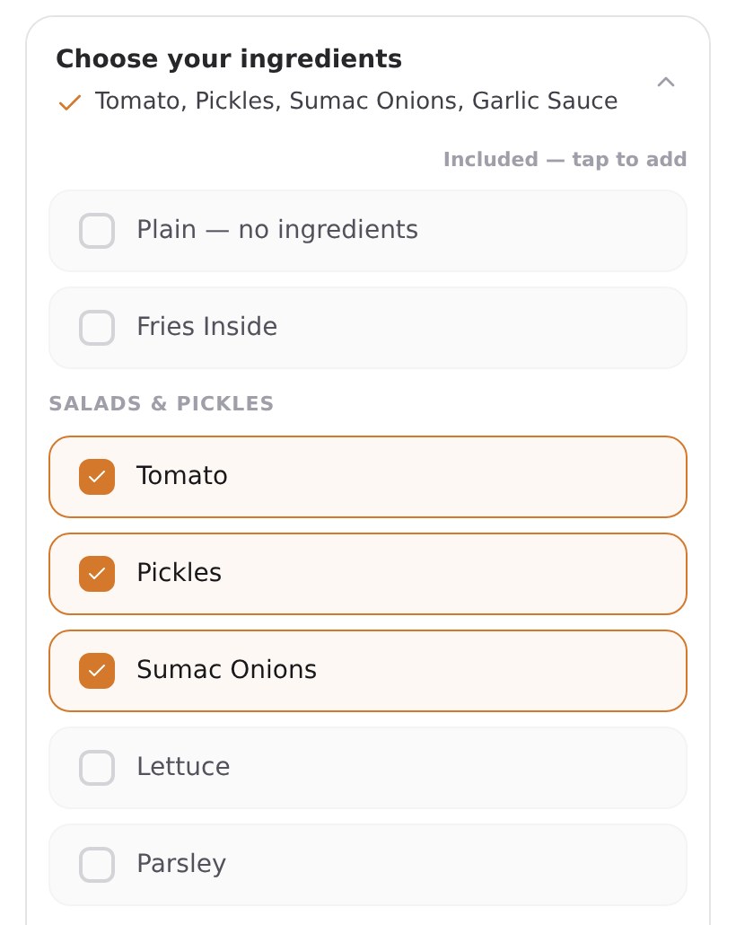 The Customize ingredient checklist on a phone, with the standard build preselected.