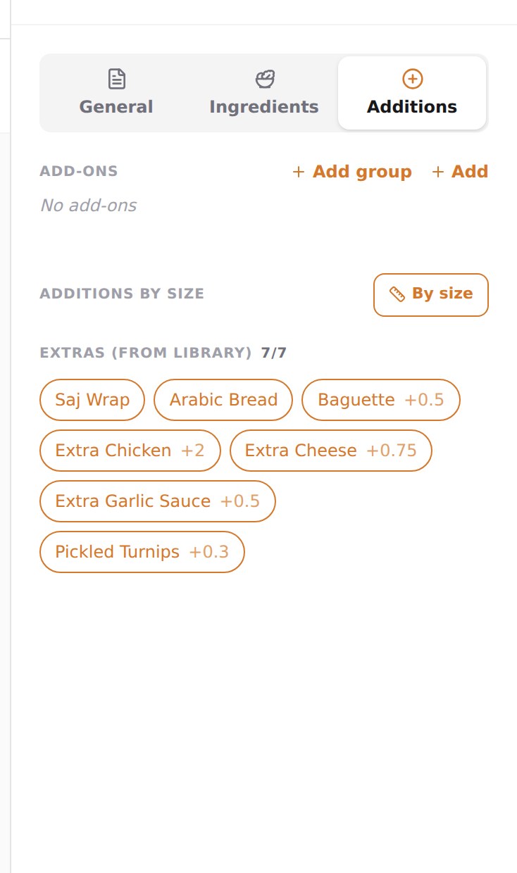 The Additions tab of a dish, showing attached extras with their prices.