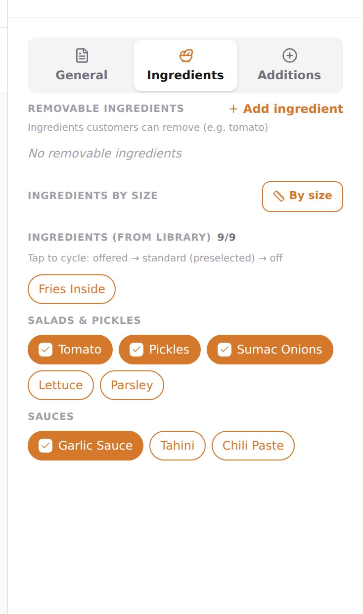 The Ingredients tab of a dish, showing library ingredients as chips in three different states.
