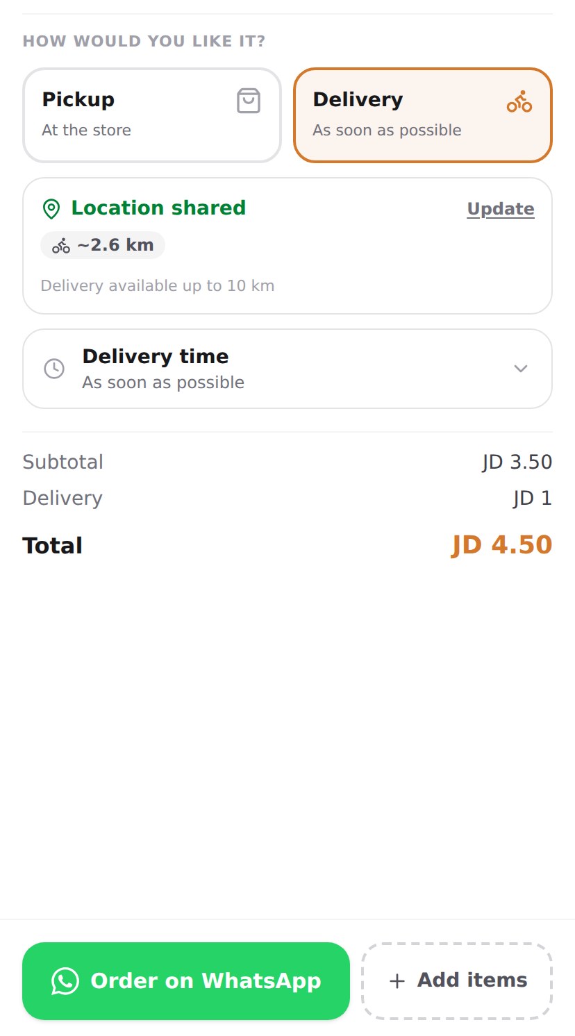 Checkout after sharing location, showing the measured distance and one exact delivery fee.